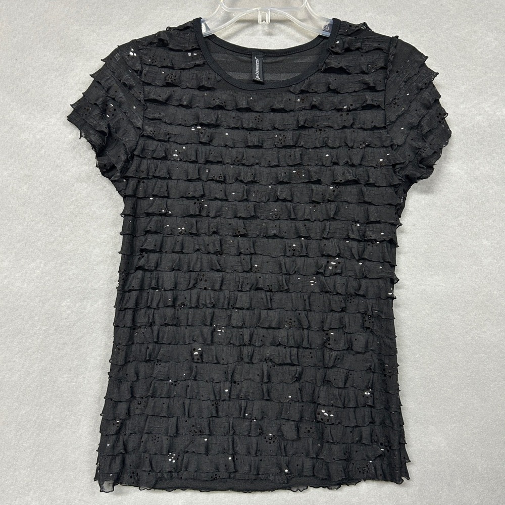 Jason Maxwell Women PM Top Black Ruffled Sequin Y2K Party Short Sleeve PT-25014